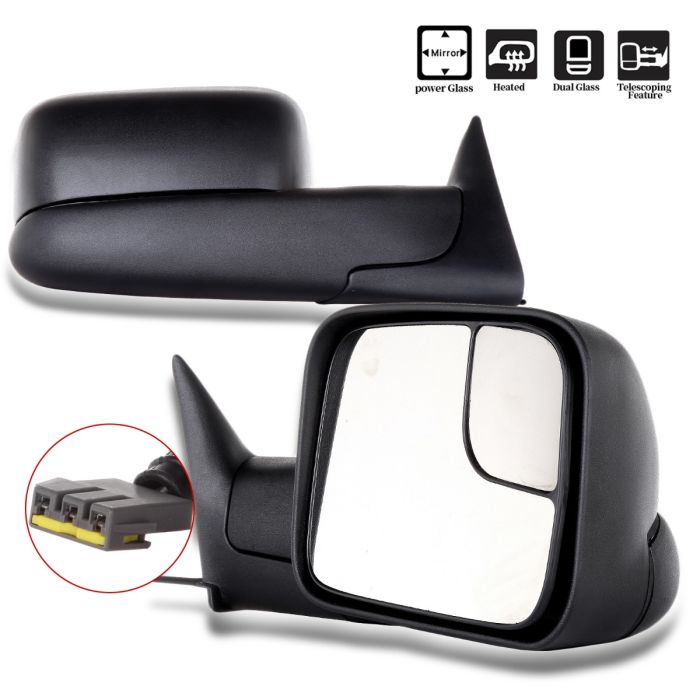 Towing Mirror Black Right Passenger Side 94-97 Dodge Ram 1500 94-97 Dodge Ram 2500 Power Adjusted No Heated No Signal Light Manual