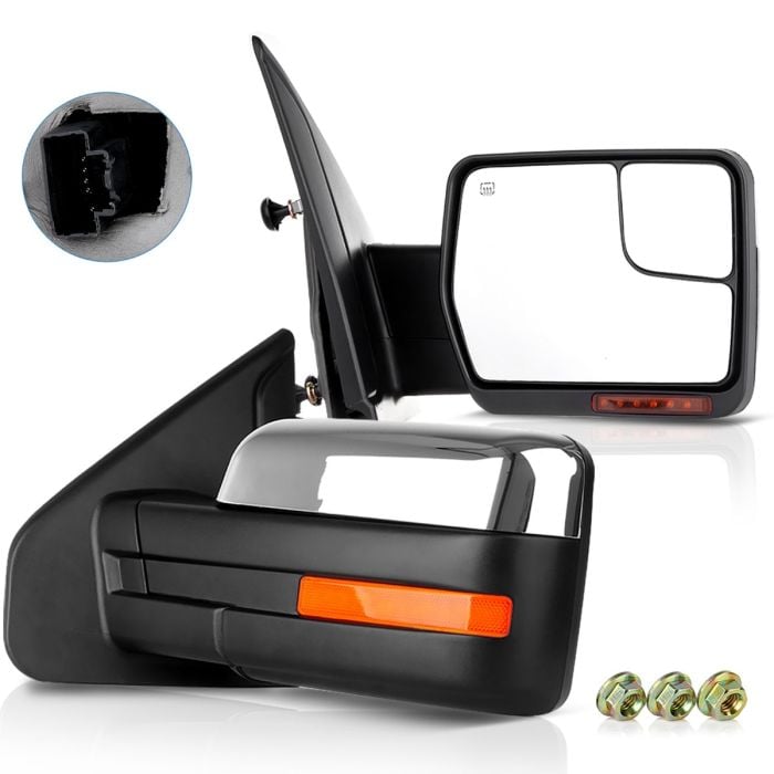 Towing Mirrors For 04-14 Ford F150 Power Control Heated Turn Signal Puddle Light With Chrome Housing Pair