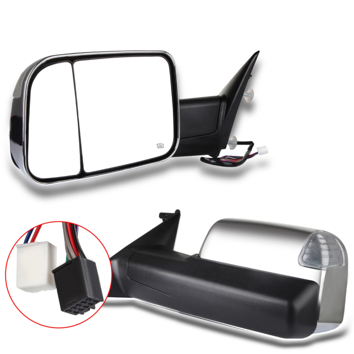 Power Adjusted Towing Mirrors For 09-10 Dodge Ram 1500 Dodge Ram 2500 Heated Turn Signal Puddle Light Chrome Housing