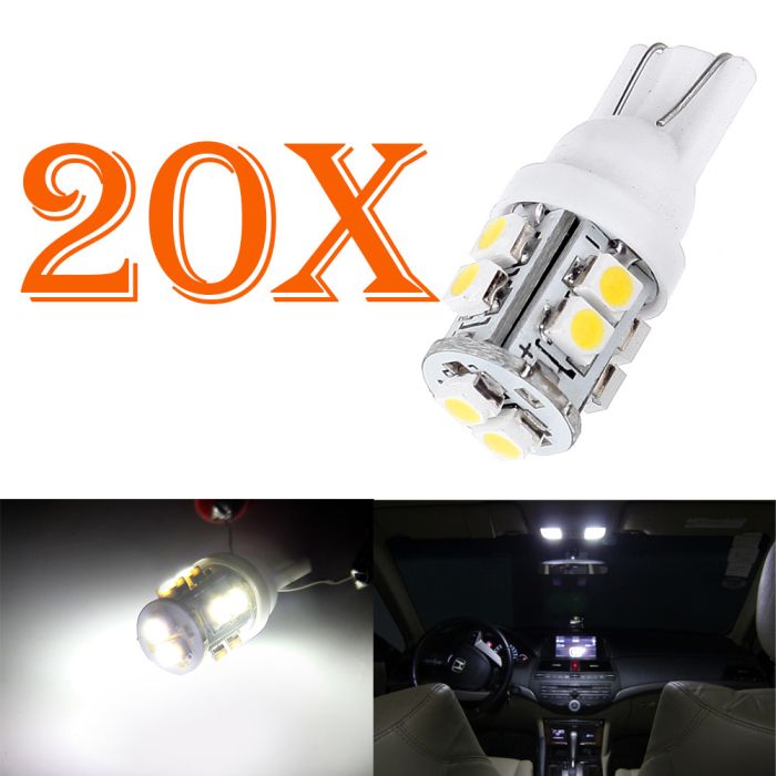 20PCS T10 Ultra White 194 2825 W5W 10 SMD LED Wedge Interior Light Lamp Bulbs
