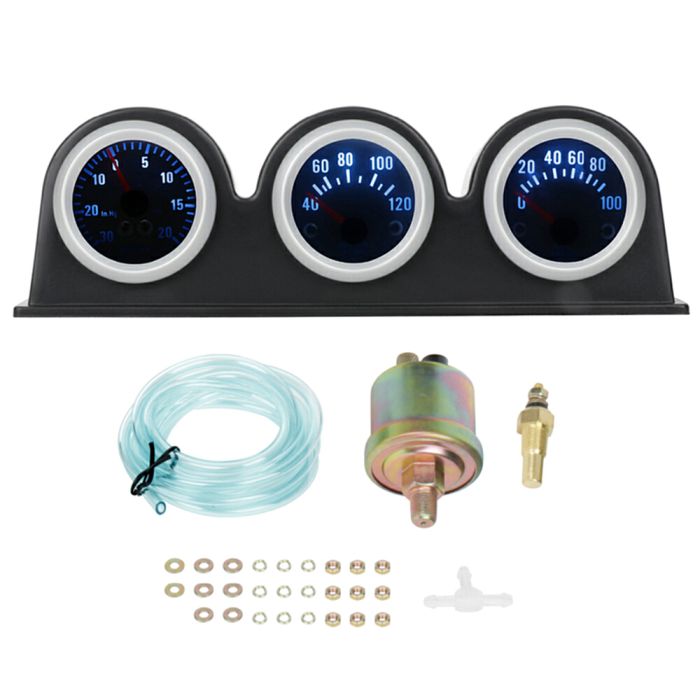 Triple 3 Gauge Set Turbo Boost Water Temp Oil Pressure Gauge Meter Kit (E10789801CP) - 1 Piece