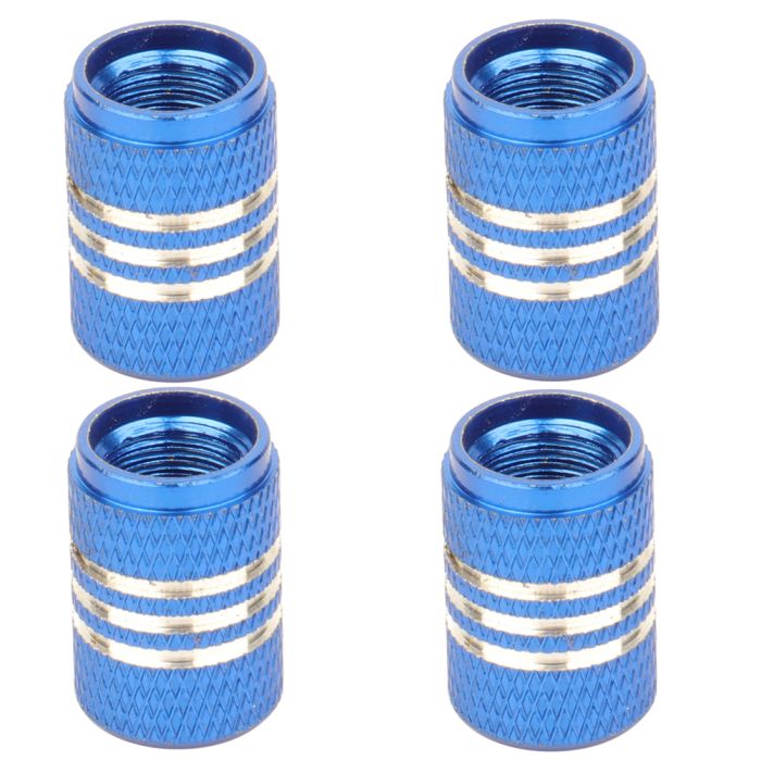 (4) Blue Aluminum Wheel Air Valve Cover For Car/Truck/Bicycle With Chrome Stripe