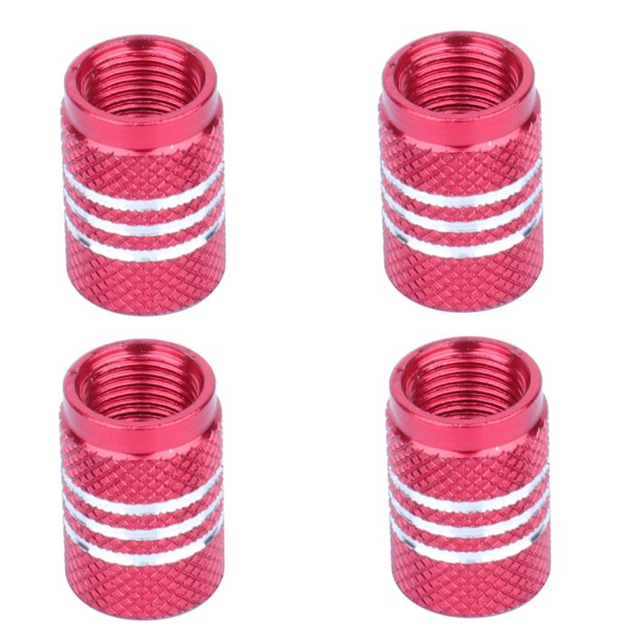 (4) Red Aluminum Wheel Air Valve Cover For Car/Truck/Bicycle With Chrome Stripe