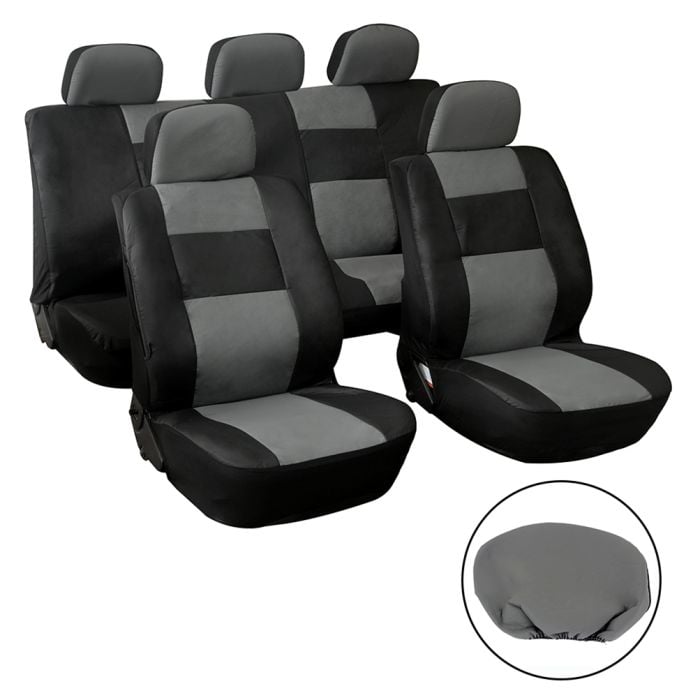 Full Interior Set Car Seat Covers 9Pcs PU Vinyl Leather Black Gray Front & Rear 116098