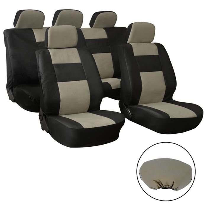 Full Interior Set Car Seat Covers 9Pcs PU Vinyl Leather Tan Front & Rear 116099