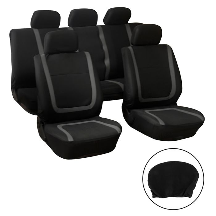 Full Interior Seat Covers Set 9 Pcs Black & Gray Universal Auto Car 116100