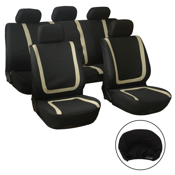 Seat Cover Front & Rear Full Interior Set 9 Pieces Black & Beige Air Mesh Fabric 116101