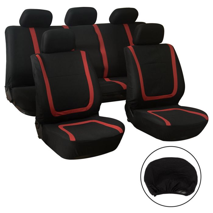 9PCS Full Interior Set Black&Red Air Mesh Fabric Seat Covers Front & Rear 116102