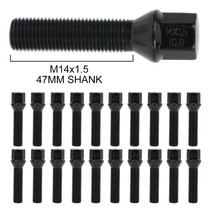 20 Piece 14x1.5 Wheel Lug Shank 47 mm Black For 00-15 Audi A3 02-05 BMW 745i