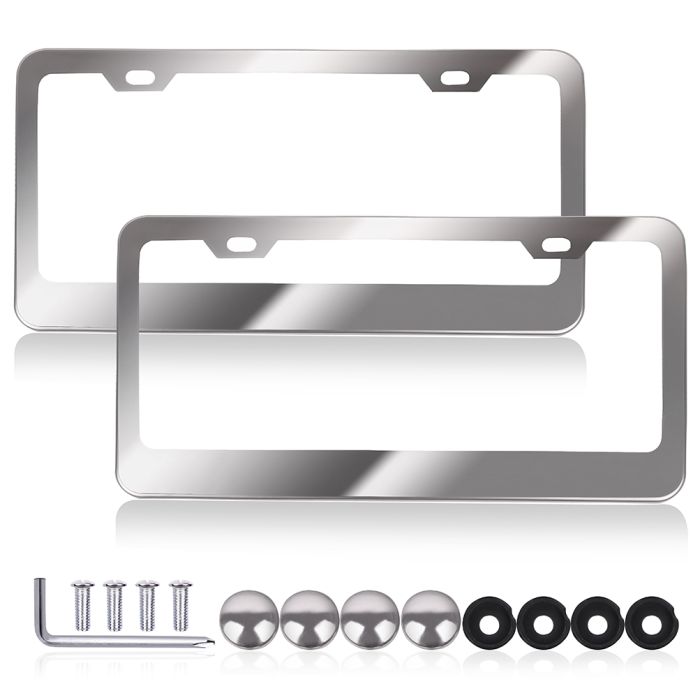2 Hole Silver Stainless Steel Car Front Rear License Plate Frame With Screw Cap