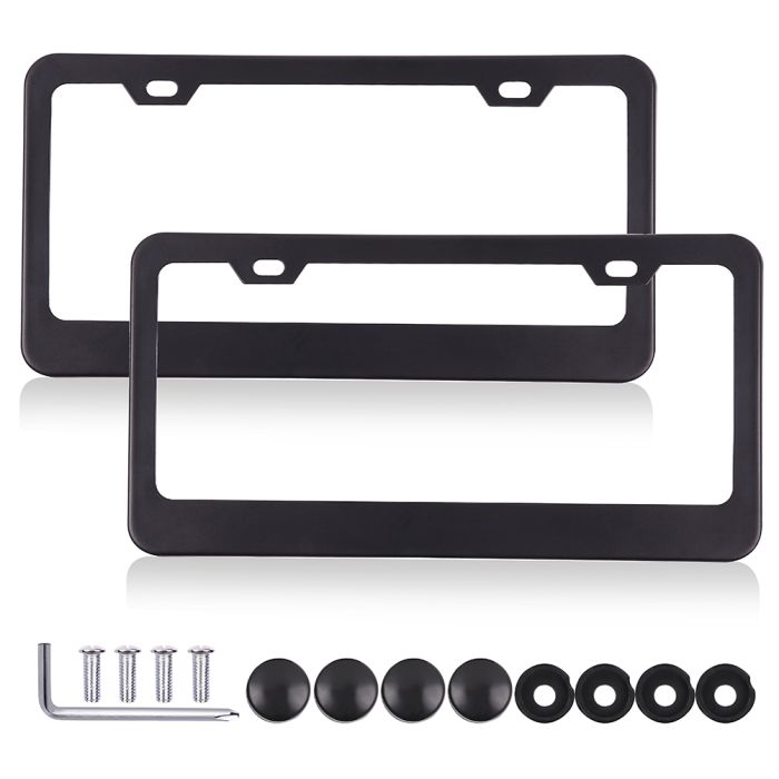 2 Hole Black Stainless Steel Car Front Rear License Plate Frame With Screw Cap