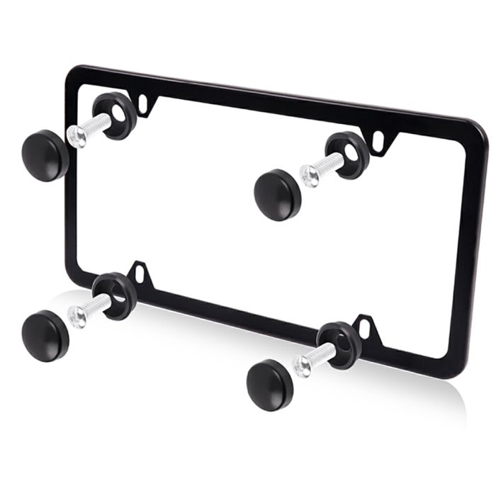 4 Hole Slim Black Stainless Steel Car License Plate Frame with Screw Caps 2pcs