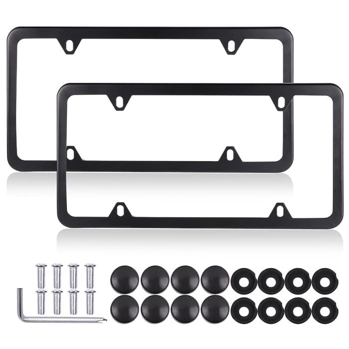 4 Hole Slim Black Stainless Steel Car License Plate Frame With Screw Caps 2Pcs