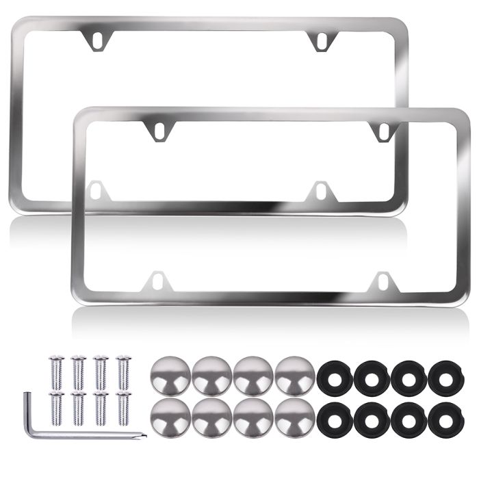 4 Hole Slim Silver Stainless Steel Car License Plate Frame With Screw Caps 2Pcs