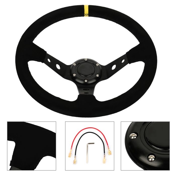 350mm Deep Dish 6 Bolt Sport Racing Steering Wheel Suede Leather W/ Horn Yellow