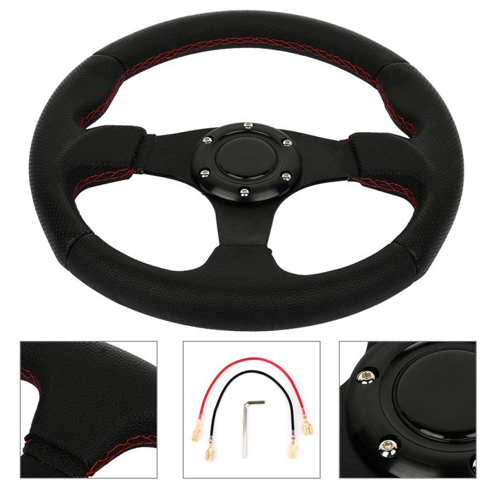 320mm Black Spoke Red Stitch Lightweight 6-Bolt Leather Racing Steering Wheel