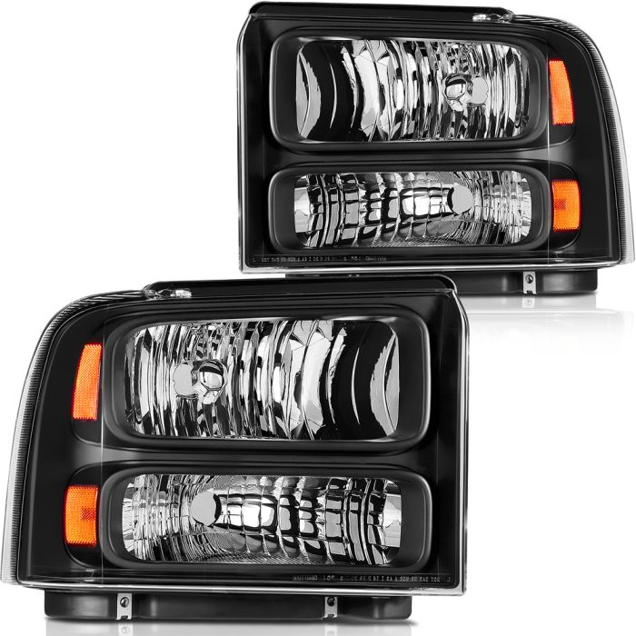 2005-2007 Ford F250 F350 Headlights Assembly Driver and Passenger Side Black Housing 