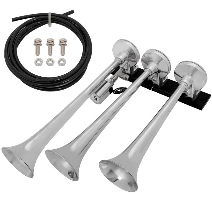 135dB 12v 3 Trumpets Chrome Plated Air Horn Kit For Truck Car SUV Raging Sound