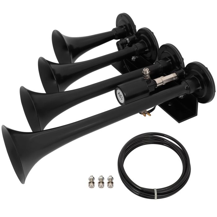 135dB 12v 4 Trumpets Solenoid Black Air Horn Kit For Truck Car SUV