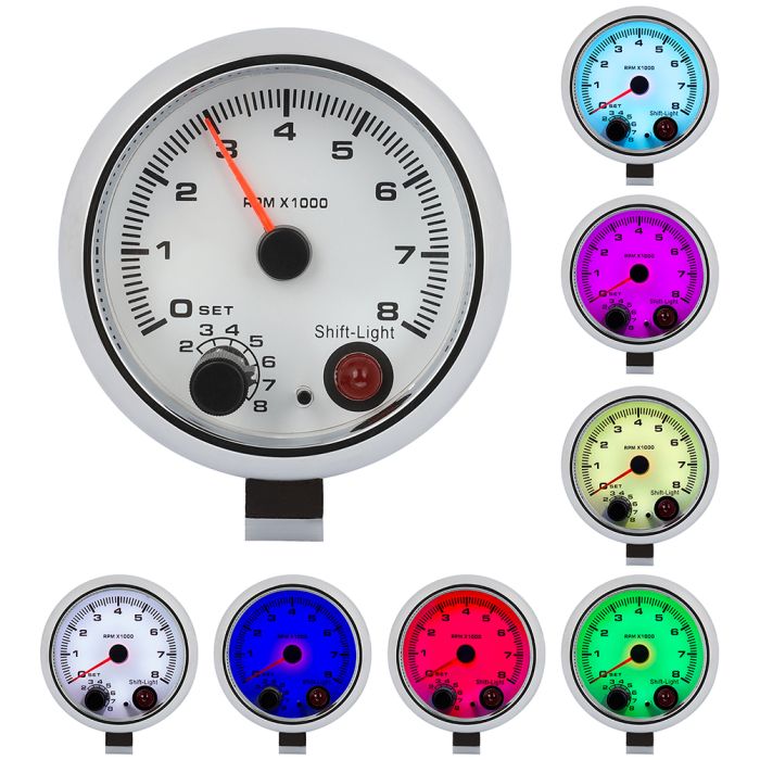 Racing Tachometer Gauge Tacho Meter White Shell 7 Colors LED Light