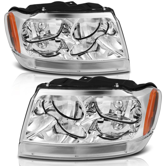 1999-2004 Jeep Grand Cherokee Headlights Assembly Driver and Passenger Side Chrome Housing