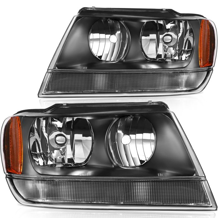 1999-2004 Jeep Grand Cherokee Black Housing Headlights Assembly Driver and Passenger Side 