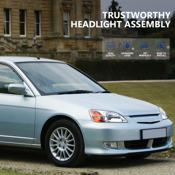 2001-2003 Honda Civic Headlights Assembly Driver and Passenger Side Chrome Housing 