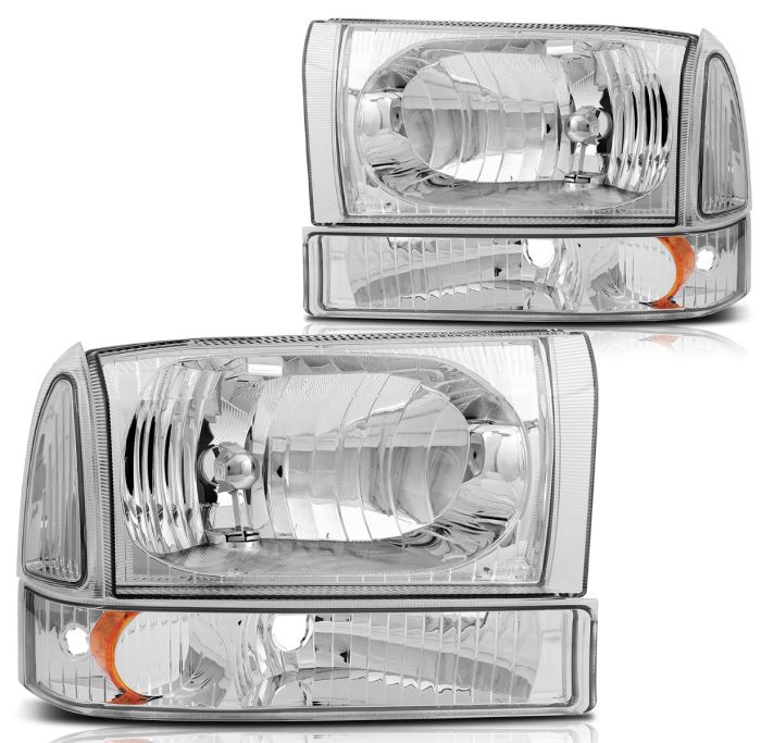 2000-2004 Ford Excursion/99-05 F250 F350 Super Duty Headlight Assembly Driver and Passenger Side Chrome Housing 