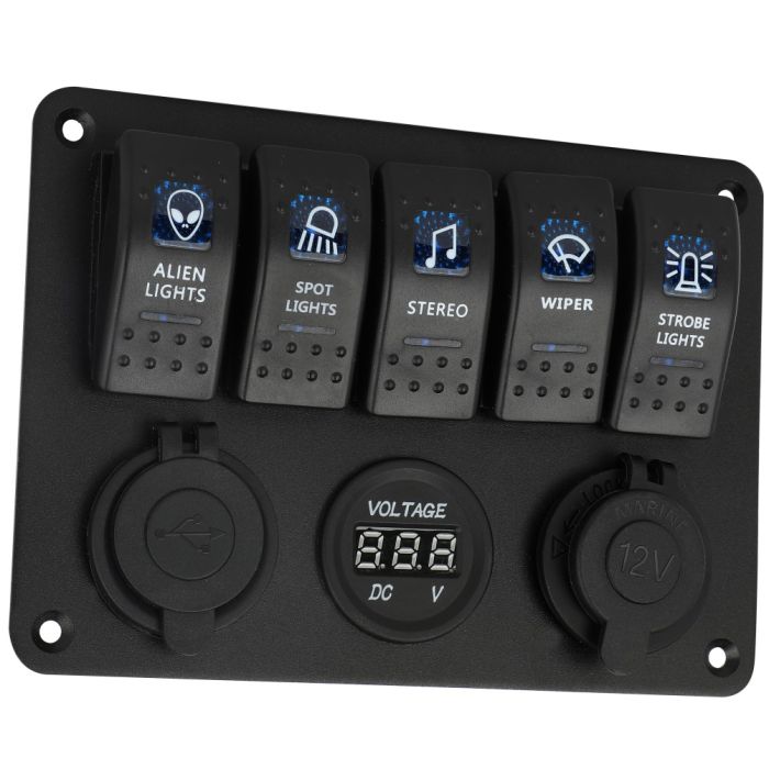 Car Boat 5-Gang Waterproof Circuit Blue Led Rocker Switch Panel Breaker