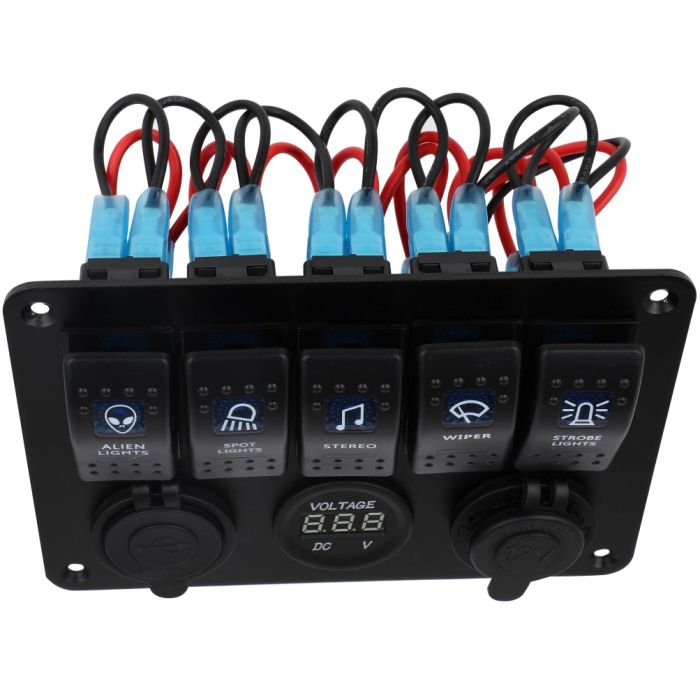 Car Boat 5-Gang Waterproof Circuit Blue Led Rocker Switch Panel Breaker