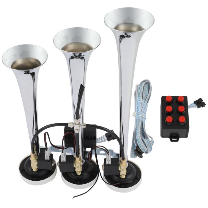 Chrome Plated Musical Loudest 3 Trumpet Train Air Horn 6 Tune With Wired Remote