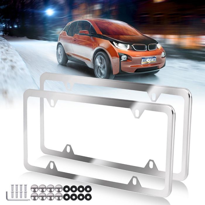 4 Hole Slim Silver Stainless Steel Car License Plate Frame With Screw Caps 2Pcs