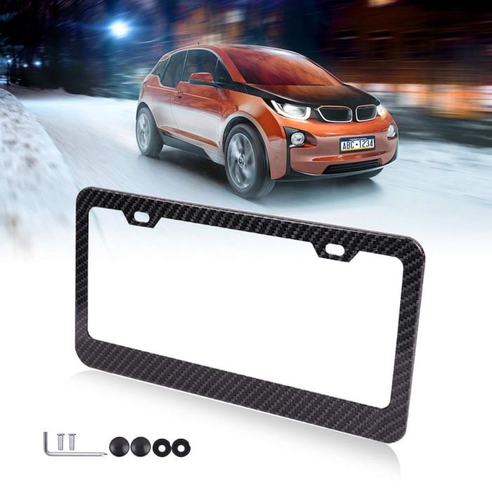 1Pcs Set Carbon Fiber Style License Plate Frame Tag Cover 3K With Free Caps