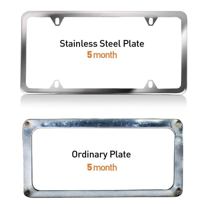 4 Hole Slim Silver Stainless Steel Car License Plate Frame With Screw Caps 2Pcs