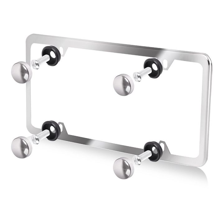 4 Hole Slim Silver Stainless Steel Car License Plate Frame With Screw Caps 2Pcs