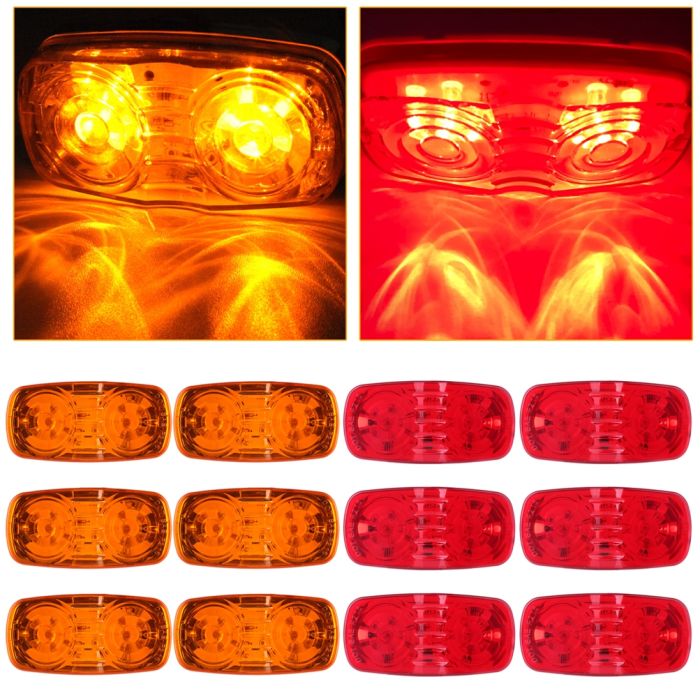 12PCS Rectangle 12LED Side Marker Light Red/Amber Snap-on Lens With White Base for Truck Trailer Pickup