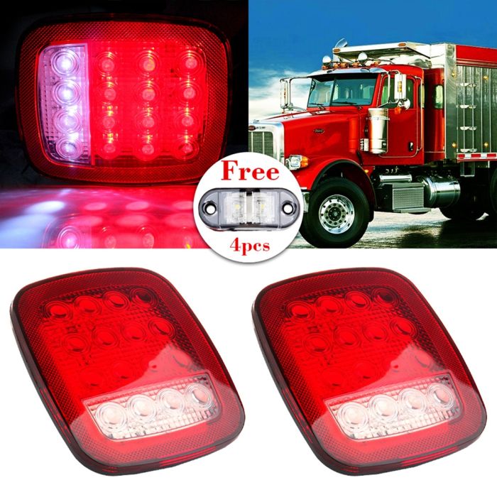 2X Red White Stop Turn Signal tail light 16 Led truck trailer+ Free light