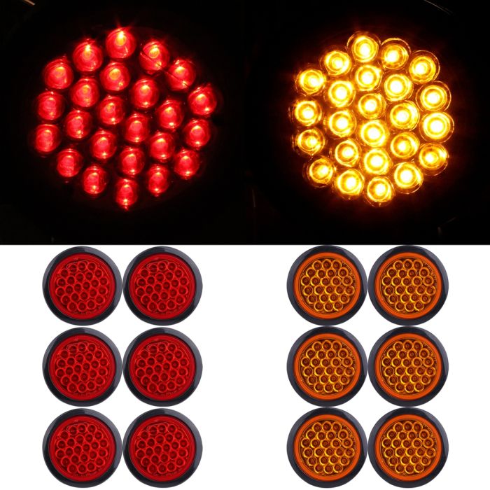 Side Marker Clearance Tail Light Red Amber 4 Inch Round 24 LED Trailer Truck 12Pcs