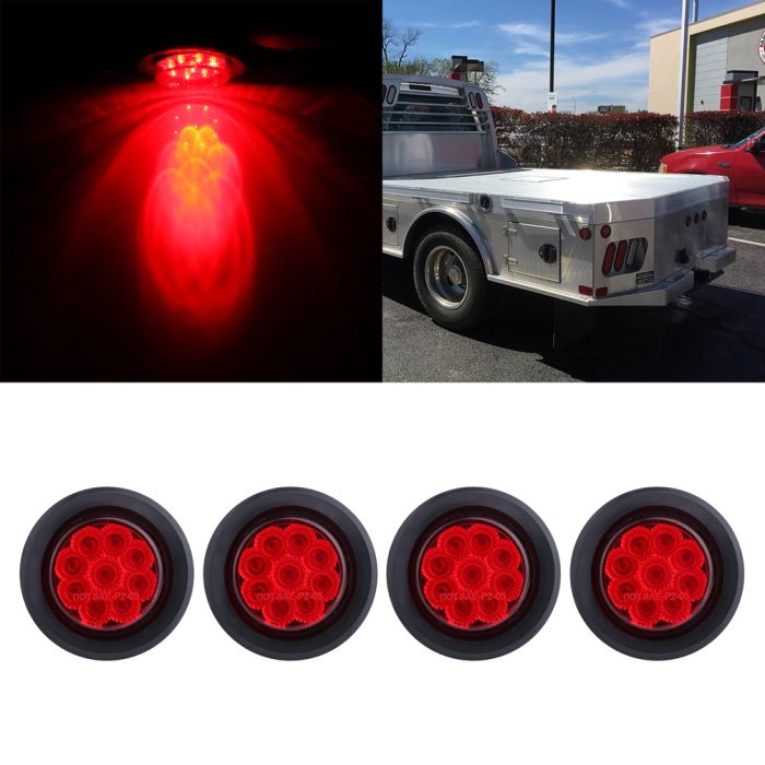 2inch Red Side Marker Lights Round 9LED 12V 4pcs For Van Truck Trailer & Grommet