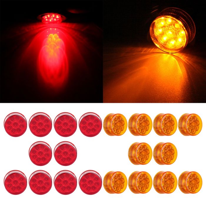 20pcs Red & Amber Side Marker tail Light 08-16 Freightliner Cascadia 2inch Round 9LED