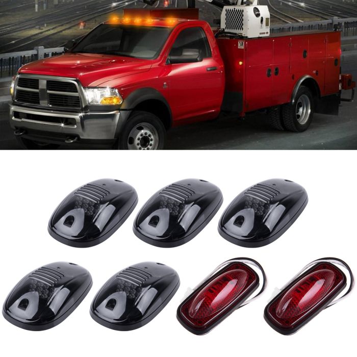 5) Smoke len Amber 12 Led Cab Marker lights&2x Red 3 Led Lights(For:03-18 Dodge)