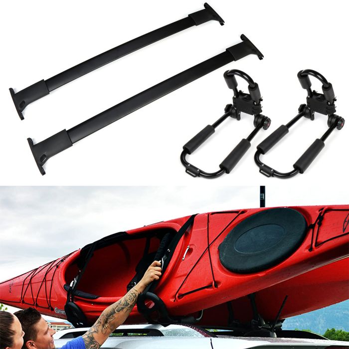 For Land Rover 2002-2012 2x Roof Rack Cross Bars & 2x Folding J-Bar Kayak Racks-4Pcs