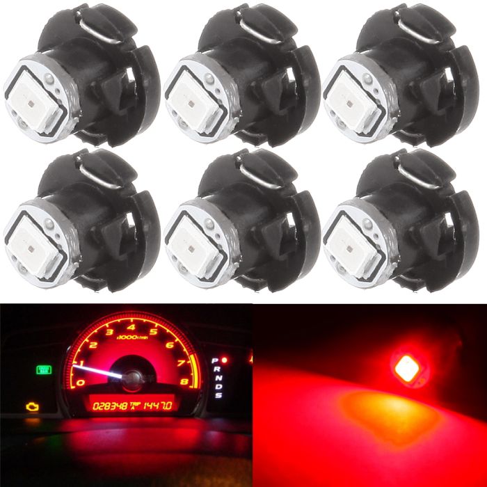 Red 10mm T4/T4.2 Neo Wedge LED Bulb 1SMD 2835 LED Chips for Instrument Panel Climate Control Lights - 6Pcs