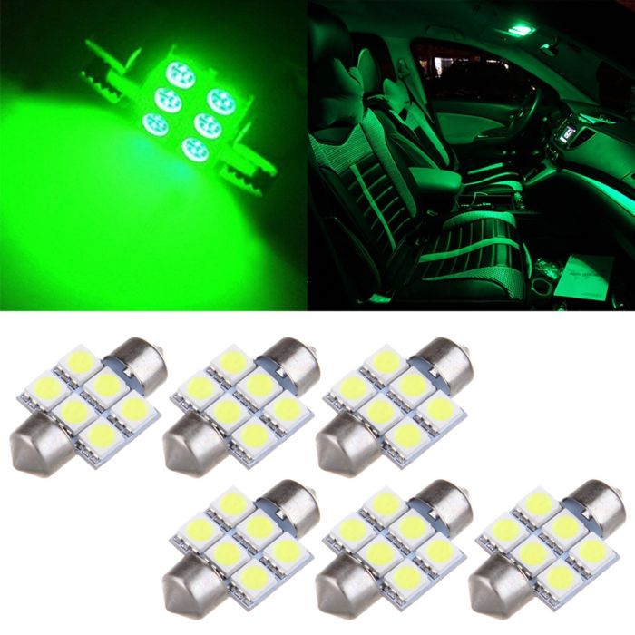 31mm Pure Green Festoon Interior LED Bulb 6-5050-SMD 6PCS for Dome Map Door Cargo Trunk light