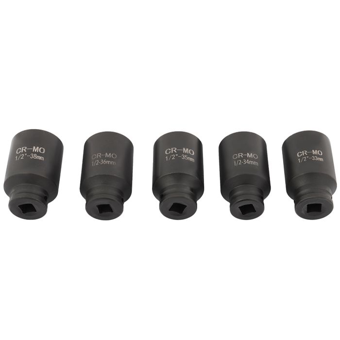 5pcs 1/2'' Drive 6 POINT Deep Spindle Axle Nut Socket Set 33, 34, 35,36 & 38 mm