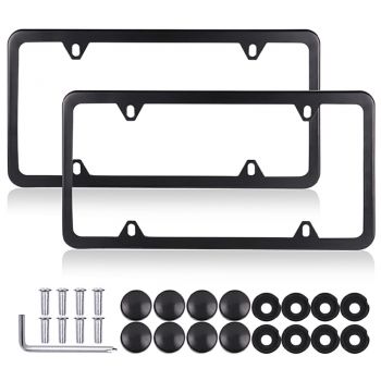 4 Hole Slim Black Stainless Steel Car License Plate Frame with Screw Caps 2pcs