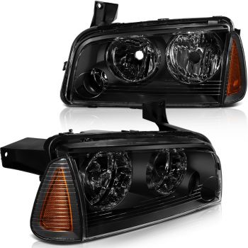 Headlight Assembly For 2006-2010 Dodge Charger Black Housing Amber Reflector Clear Lens Driver and Passenger Side