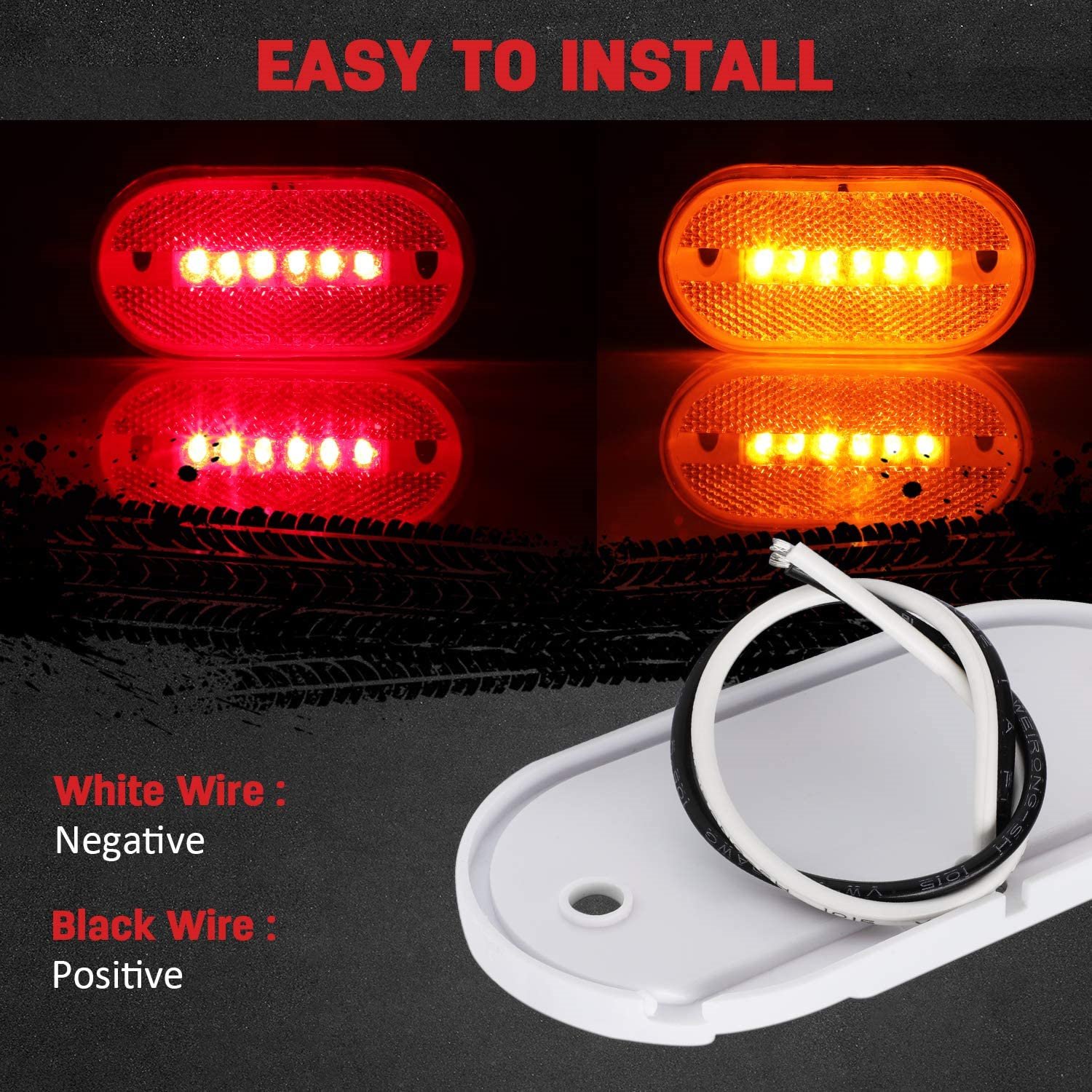 14PCS Oval Side Marker Light Red/Amber Snap-on Lens With White Base Surface Mount 6 Diodes LED for Truck Trailer