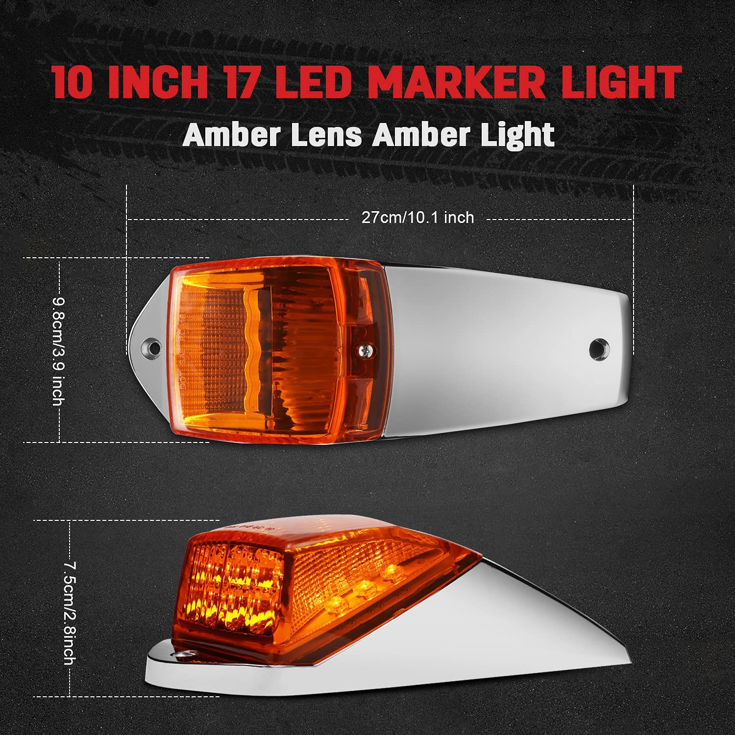 9PCS 17LED Roof Top Running Light Amber Lens Chrome Torpedo for Kenworth Peterbilt Freightliner Mack