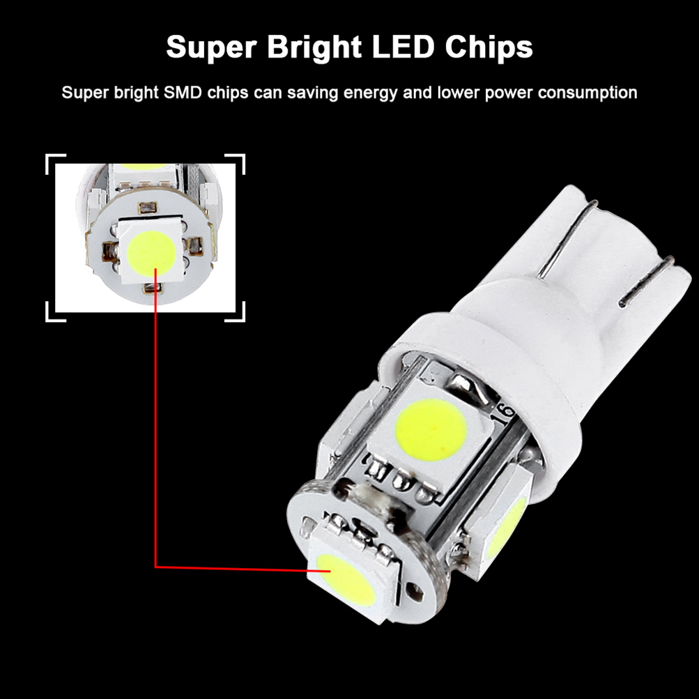 White T10 LED Instrument Panel Light Bulb 5-5050-SMD With 1/2